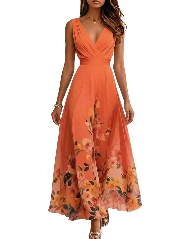 shownicer Robe Femme Chic Et Elegant Col en V sans Manche Robe Longue Imprimé Fleurs Robes De Ceremonie Printemps Été