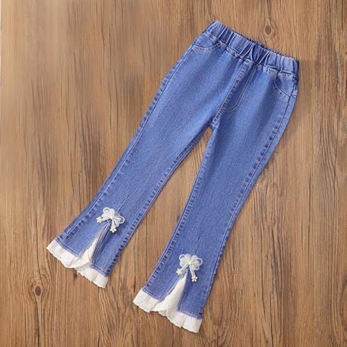 Girls Cute Bow Lace Trim Jeans Flare Denim Pants2