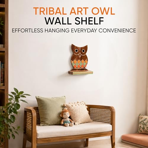 Image of AAKRITI ART CREATIONS Handcrafted Wooden Brown Tribal Art Owl Shelf | Modern Art Mango Wooden Shelves Wall Decor Shelf | Matte Finish Decorative Wall Hanging for Living Room, Entryway & Gifting