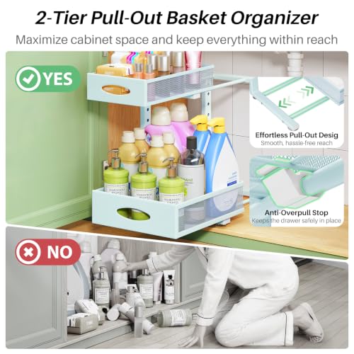 Image of Under Sink Organizer, 1-Pack Pull Out Cabinet Organizer 2 Tier Metal Slide Out Storage Shelf Rack, L-Shaped Adjustable Height,Mesh Sliding Drawer for Kitchen, Bathroom, Laundry, Pantry, Blue, XL