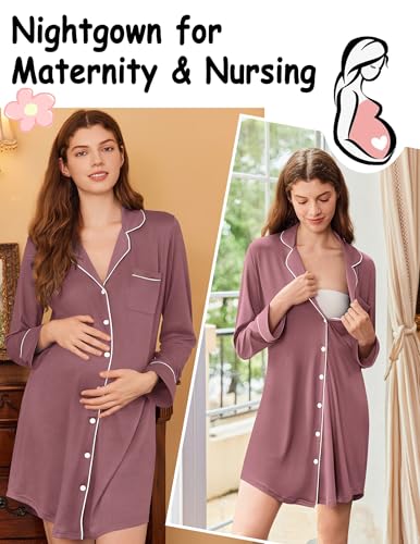 Image of Ekouaer Nightgowns for Women Long Sleeve Night Gown Button Pajama Dress