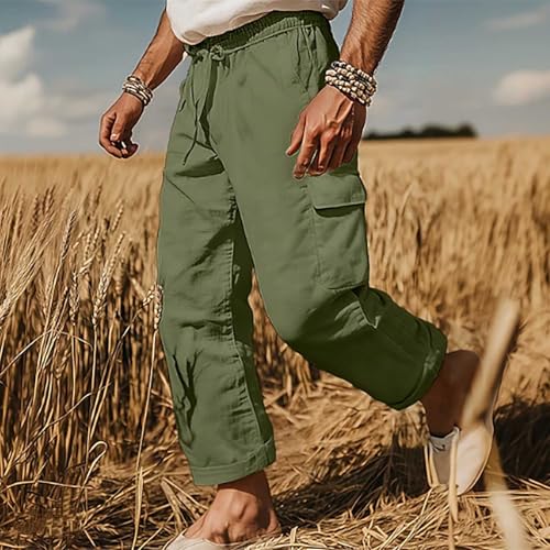 Linen Cargo Pants for Men Vacation Casual Elastic Waist Pants with Pockets Loose Beach Yoga Travel Lounge Trousers2