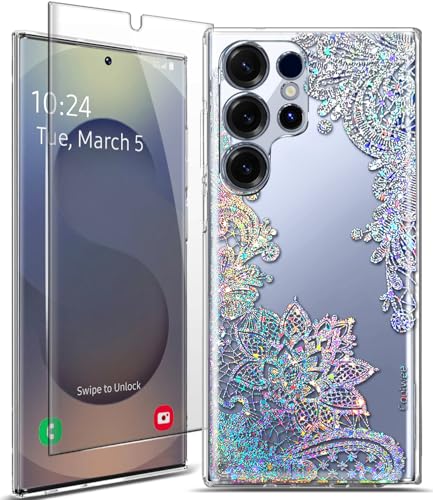 Coolwee Clear Glitter for Samsung Galaxy S25 Ultra Case, Slim Shockproof Thin Flower Cute Crystal Lace Bling Women Hard Back Soft TPU Bumper Protective Cover for Samsung S25 Ultra Mandala Henna