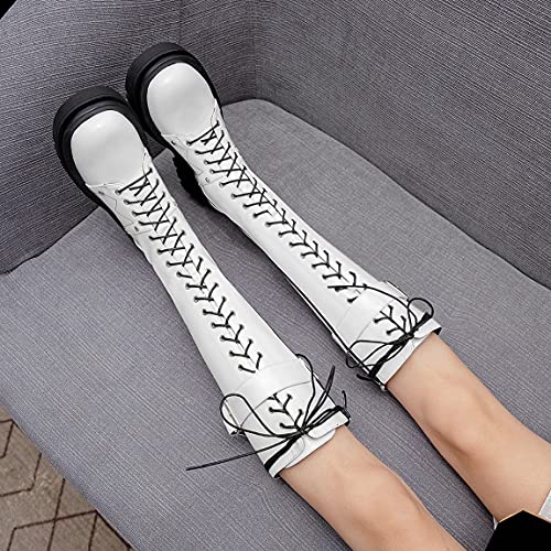 Trendenzy Womens Knee High Lace Up Combat Boots Chunky Mid Heel Motorcycle Riding Boots4