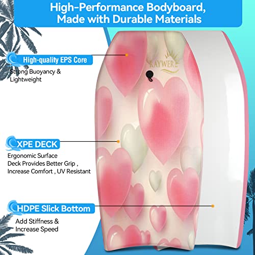 RAYWER Body Board Lightweight with EPS Core, HDPE Slick Bottom , Leash & Adjustable Wrist Rope, Great Surfing for Kids and Adults (Pink Hearts, 33-INCH)