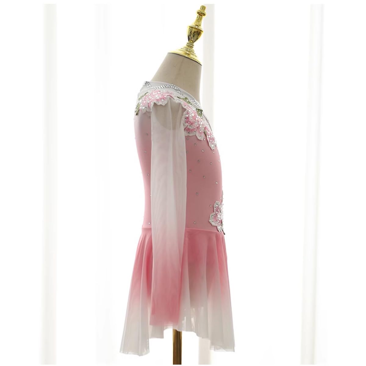 Maillot De Danza Patinaje para Mujer Leotardo Manga Larga De Gimnasia Rítmica con Falda Tul Y Pedrería Brillante Disfraz De Bailarina Baile Competición Adulto
