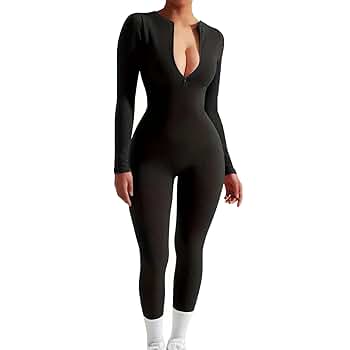 Amazon.com: JOAU Women Long Sleeve Ribbed Knit Jumpsuit Zip