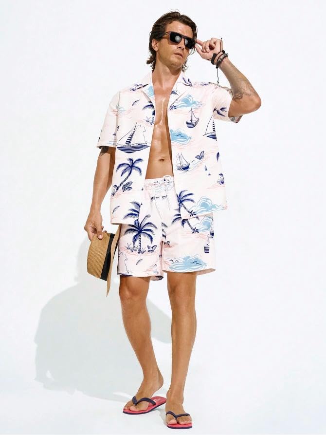 Image of GRECIILOOKS Men's Co Ord Set |Printed Shirt and Shorts Set for Men |Summer Loungewear, Beachwear & Night Suit for Daily Comfort | Nightwear Set for Mens