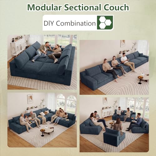 Image of 136 inch Cloud Couch Modular Sectional Sofa for Living Room, U-Shape Boneless Couch with Deep Seat, Modern Corduroy 6-Seater, No Assembly Required, Blue