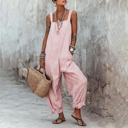 Peto a rayas para mujer HUIFUAO en rosa talla 3XL de pierna ancha con prácticos bolsillos laterales 7