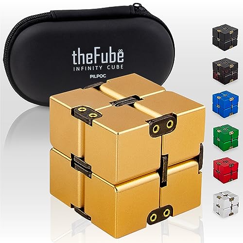 PILPOC theFube Infinity Cube Fidget Desk Toy - Aluminum Infinite Magic Cube with Case, Sturdy, Heavy, Relieve Stress and Anxiety, for ADD, ADHD, OCD (Gold)