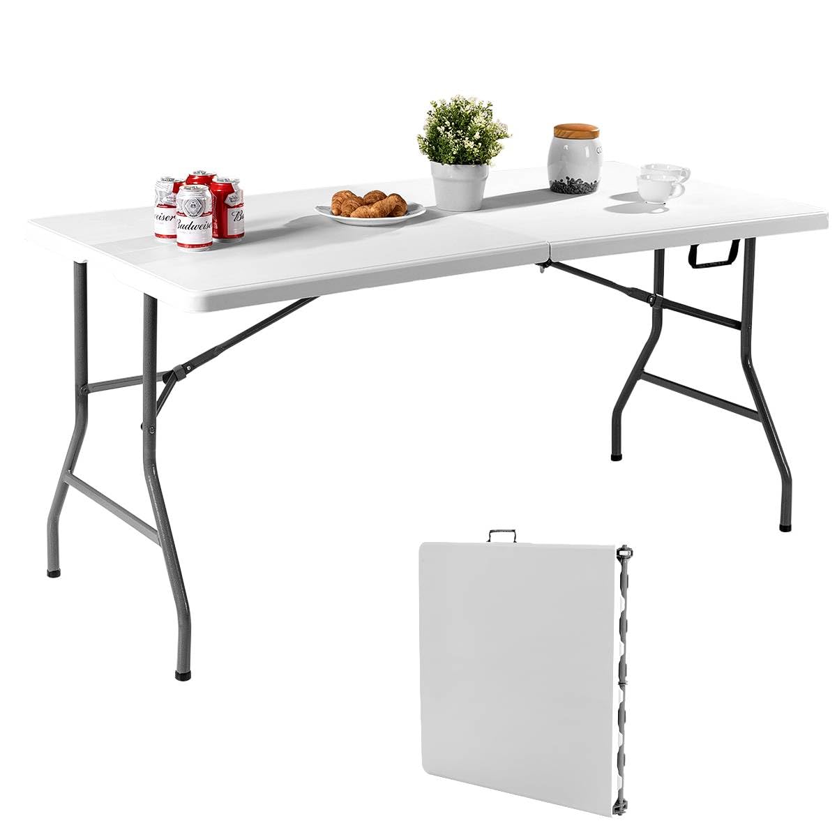 TANGZON 5FT/6FT Folding Camping Table, Portable Picnic Table with Carrying Handles, Heavy Duty Outdoor Fold-In-Half Trestle Dining Table for Party BBQ Market, 150KG Weight Capacity (153 x 74 x 74cm)