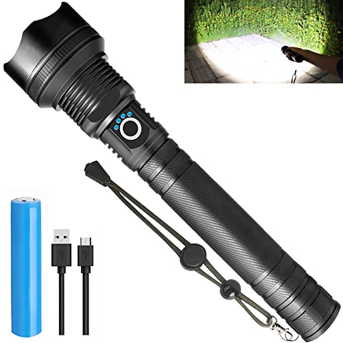 Led Flashlights High Lumens Rechargeable, Powerful 90000 Lumens Super Bright Flashlight with Long Lasting Battery & USB Cable, 3 Modes Zoomable Waterproof Tactical Flash Light for Hunting, Fishing