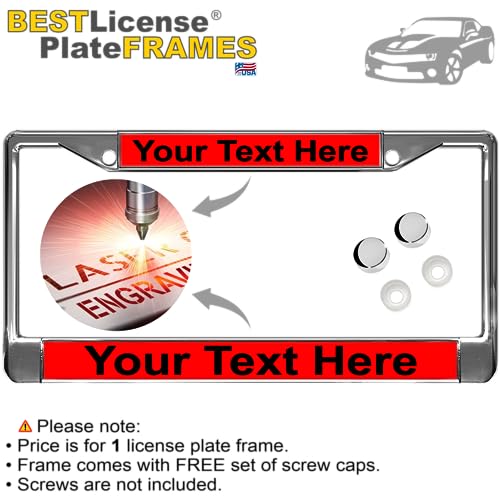 Image of Custom Personalized Chrome-Plated Metal Laser Engraved Standard Size - Car /Automobile License Plate Frame with Free caps - Red /Black Text (Qty: 1 Frame)