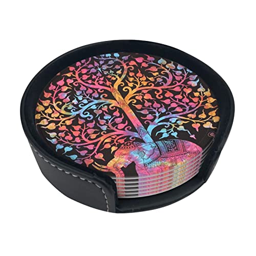 Juego de 6 posavasos redondos de elefante con diseño de árbol de la vida y teñido anudado, para restaurantes, bares, cafeterías, cocinas