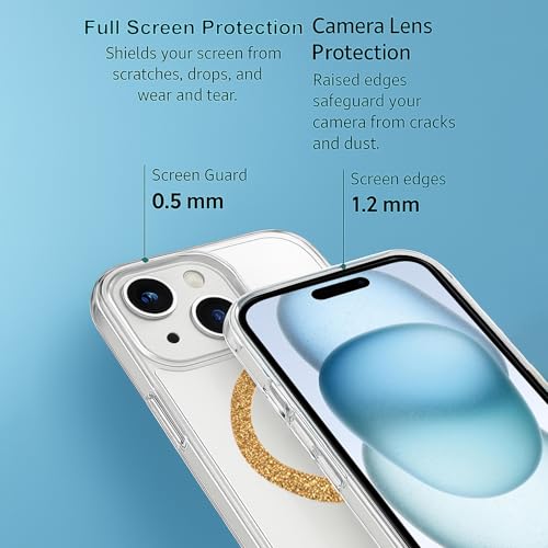 Image of AIBEX Back Cover Case Compatible with iPhone 15 | Glitter Ring Cute Shiny Colorful Bling Case (Compatible with Magsafe) | Transparent PC+TPU Glossy Shiny Cover for Girls & Women - Gold
