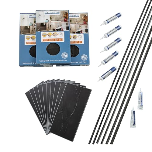 Palisade 23.2 in. x 11.1 in. Interlocking Vinyl Tile Shower and Tub Surround Kit in Black Ice