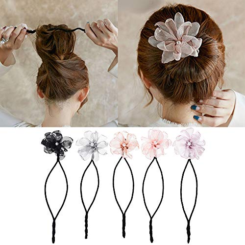 Magic Hair Bun Maker,5pcs Pearl Flower Donuts Maker Twist Headband Bud Headwear DIY Hairstyle Tool For Ballet, Wedding, Yoga, Dancing, Party