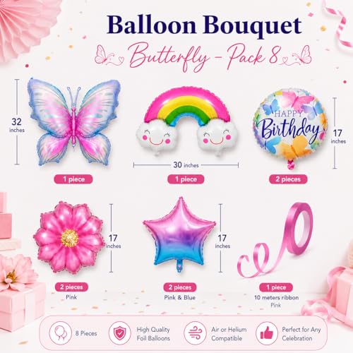 Image of AMFIN (Pack of 8) Butterfly Theme Birthday Balloon Bouquet Pink Blue Metallic Finish Foil Women Girls Decoration Item Kit Rainbow Flower