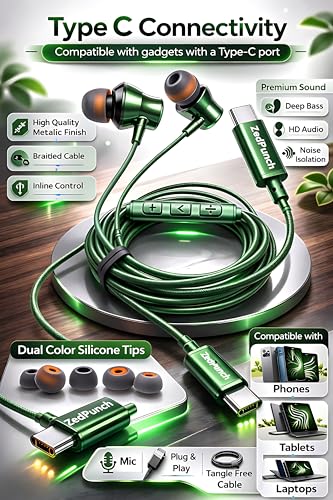 Image of Type-C Wired Earphone with Mic, 10mm Dynamic Bass Driver, Magnetic in-Ear Headphones, Metal Build, Low Latency Sound for Gaming, 3 Button Control, HD Calling, Voice Assistant (Green)
