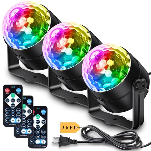 [3-Pack] Disco Ball Party Lights Sound Activated Remote Control, 12 Modes Stage Strobe DJ Lights for Christmas Party Decorations Stocking Stuffers White Elephant Gifts Birthday New Years Eve