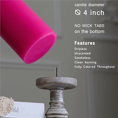 Miniatura 3 de MOZEAL Velas de pilar extra grandes de color rosa intenso de 4 x 10 pulgadas (juego de 2), sin perfume, sin goteo, sin humo, de larga combustión