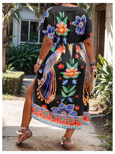 Image of Floerns Women's Plus Size Tribal Print Dolman Sleeve Slit Summer Maxi A Line Dress