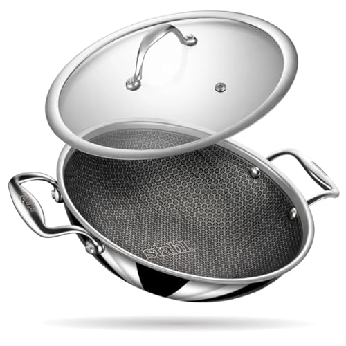 Stahl Triply Antihaft-Wok mit Deckel | Edelstahl-Wok mit Induktionsboden | Tri-Ply Kratzfest | Ø 24...