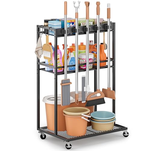 Broom Holder with Cleaning Supplies Organizer, Broom Closet Storage Cabinet with Mop Hanger Gripper...