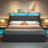Upholstered Bed Frame with Hydraulic Lift and Button Tufted Storage Headboard, 5ft King Size Bed Frame with LED Lighting and Charging Station, Linen Functional Ottoman Storage Bed, No Mattress, Grey