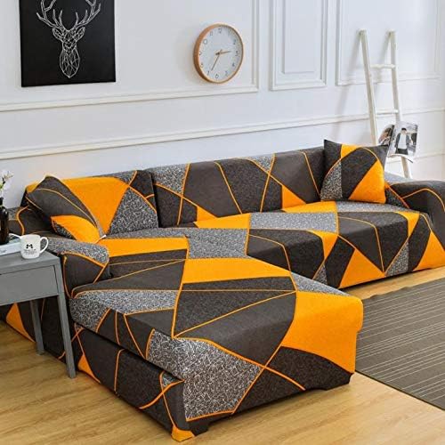 nordmiex Printeded Stretch Sofa Slipcover - 1 Piece Elastic Polyester Spandex Couch Covers- Universal Fitted Sofa Slipcover with 2 Pillowcases Furniture Protector (Loveseat Sofa,Orange/Brown/Grey)
