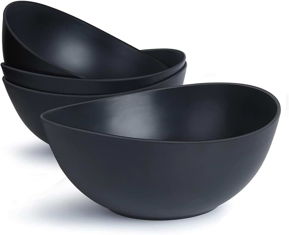 9.6&#x27;&#x27; Serving Bowls, 84oz Bamboo Fiber Salad Set of 4, Large for Kitchen, Deep Oval for Salad, Vegetable, Fruit, Pasta, Ramen, Lightweight & Easy to Clean (Matte Black)