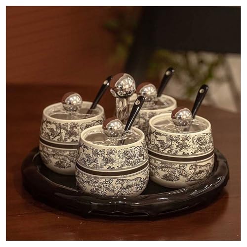 CeráMica Especias Salero Conjunto Bote Blanca Con Bandeja Cuchara Tapas Esfera Bicolor Para Servir Hoga FáCil De Limpiar-B