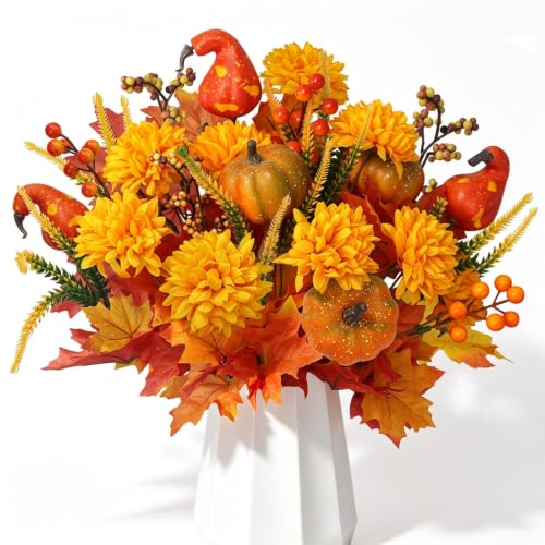 Image of 3 Bundles Fall Artificial Flowers with Pumpkin Mums Fall Cemetery Flowers
