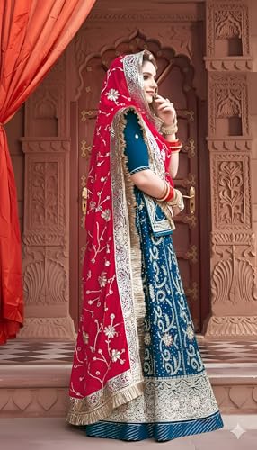 Image of Heavy Embroidery Work Semi Stitched Shimmer Silk Designer Rajputi Poshak For Women Rajasthani Lehenga Choli