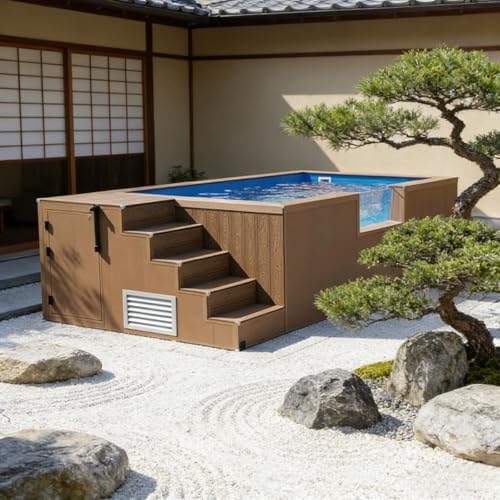 Premium Shipping Container Plunge Pool with Transparent Glass Wall & Natural Wood Cladding | Compact Above-Ground Pool for Tropical Backyard Deck & Garden Oasis