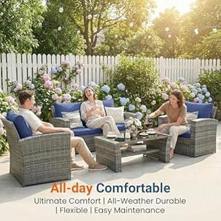 Wisteria Lane 4 Piece Patio Furniture Set, Wicker Outdoor Patio Conversation Furniture Set, All Weather Outdoor Patio Sofa with Cushion and Glass Table, Navy Blue