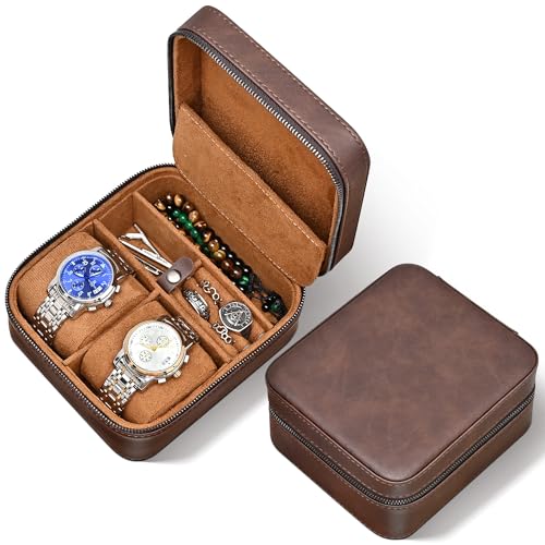 Flyroom Watch Roll Travel Case with Storage Organizer Compartment for 2 Watches| Tough Portable Protection with Zipper Leather Travel Watch Box for Men