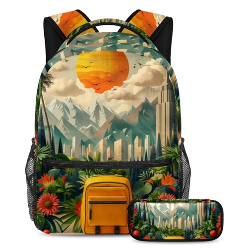 Cartables pour enfants grand volume motif paysage coloré avec trousse assortie ados