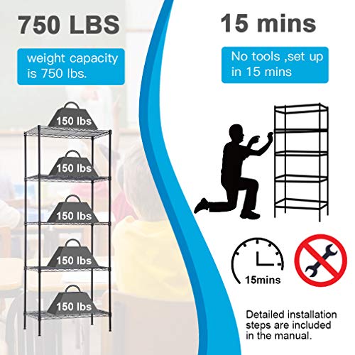 Image of BestOffice | 5-Tier Wire Storage Shelves | 14x24x60 | Black| Heavy-Duty Metal Shelf, Holds Upto 750 lbs | No-Tool Assembly | Ideal for Home & Garage Shelving