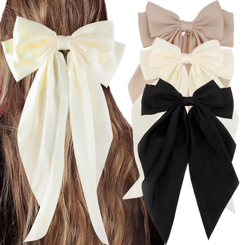 Muorruo 3 Stück Seidige Satin Haarspangen Bows Grosse Schleifen Haarklammern Bow Lange Schwanz Hair Bows für Damen Mädchen Teenager für Täglichen Gebrauch Hochzeiten Partys