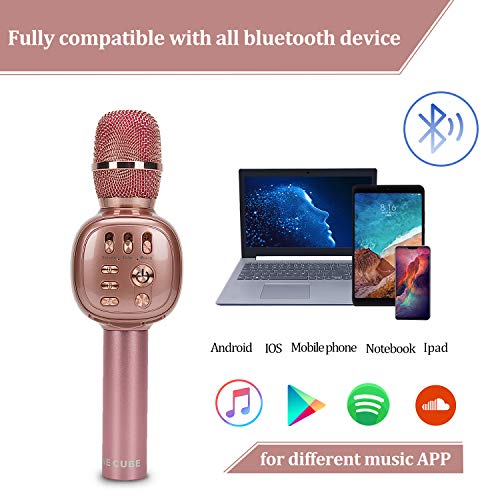 NINE CUBE Karaoke Microphone,3-in-1 Portable Wireless Bluetooth Karaoke Mic, Karaoke Player,Colorful LED Light, Gift for Friends and Kids, Compatible with All Smart Digital Products (Rose Gold) - Thumbnail 4