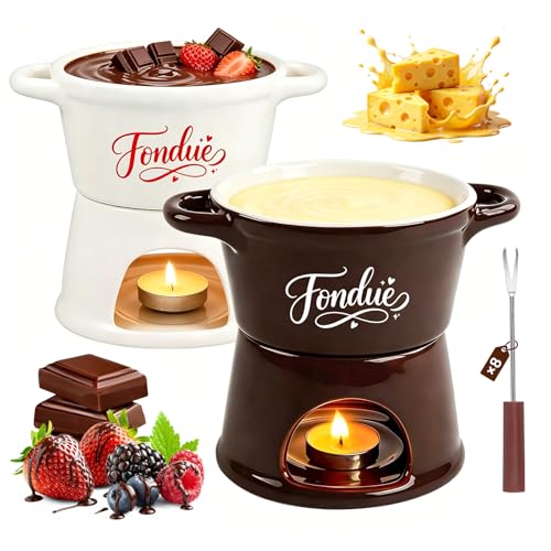 Yoassi Juego de fondue de queso, 2 unidades, fondue de carne, fondue de chocolate con portavelas y 4 tenedores, color marrón y blanco