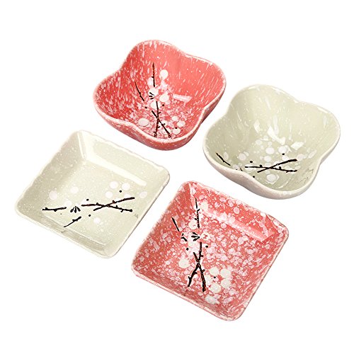 SOCOSY Ceramic Flower Shaped Sauce Dish Sushi Dipping Bowl Appetizer Plates Porcelain Serving Dish Seasoning Dishes Set of 4Plum blossom