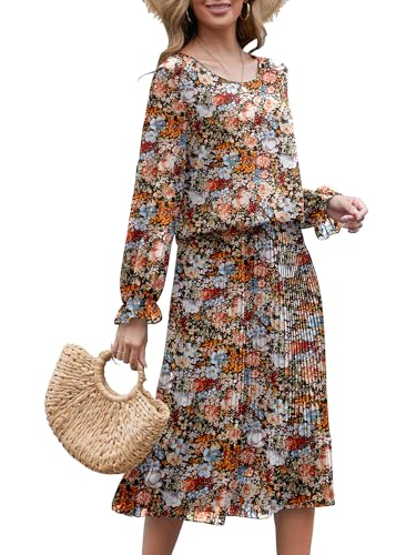 Womens Casual Midi Dress Long Sleeve Floral Chiffon A Line Flowy Vacation Dresses2