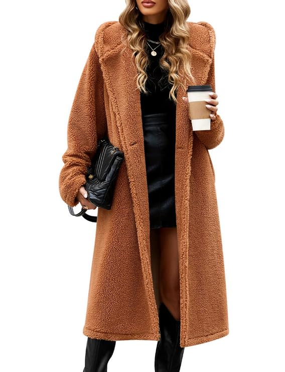 Women's Winter Sherpa Fur Coat - Warm Hooded Faux Fur Cardigan Jacket with Pockets and Buttons, Comfortable and Loose Fit for Everyday Wear, Work and Travel(Camel,M)