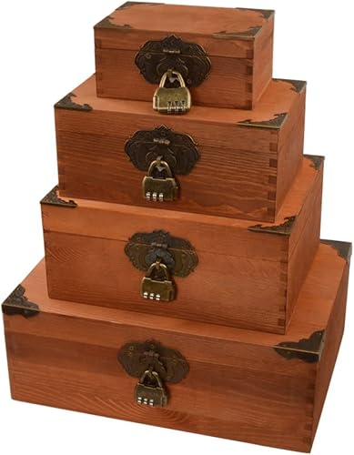 Juego de 4 cajas de almacenamiento de madera vintage decorativas para joyas y baratijas, baúl de almacenamiento de madera con cerraduras de código