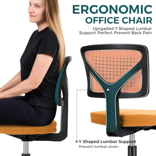 Image of DUMOS Armless Office Chairs with Wheels, Ergonomic Adjustable Home Desk Swivel Rolling Task Chair No Arms, Comfy Mesh Mid Back Computer Work Vanity Desk Chairs for Small Spaces, Orange