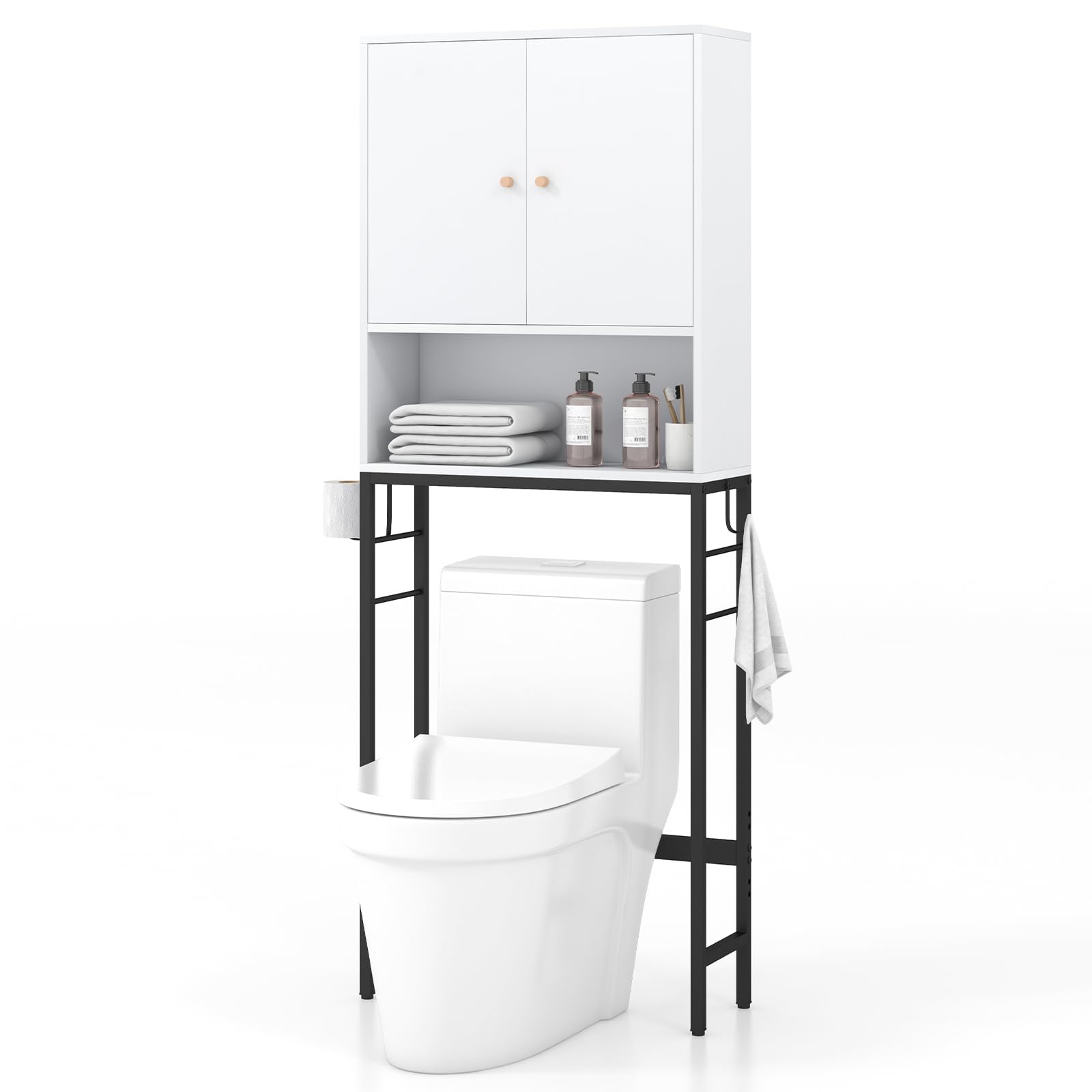 GOPLUS Armario sobre la Mesa del Inodoro, Armario de Baño con Doble Puerta, Compartimento Abierto, Estante Ajustable, Barra Inferior para Lavadero, 63x23x165,5cm (Blanco)