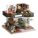 Cuteefun DIY Puppenhaus Miniatur Haus zum Selber Bauen für Erwachsene, Miniatur Puppenhaus Kit mit Möbelmusik-Staubschutz und Werkzeug, Bastelset Häuschen Holz (Teegeschäft)